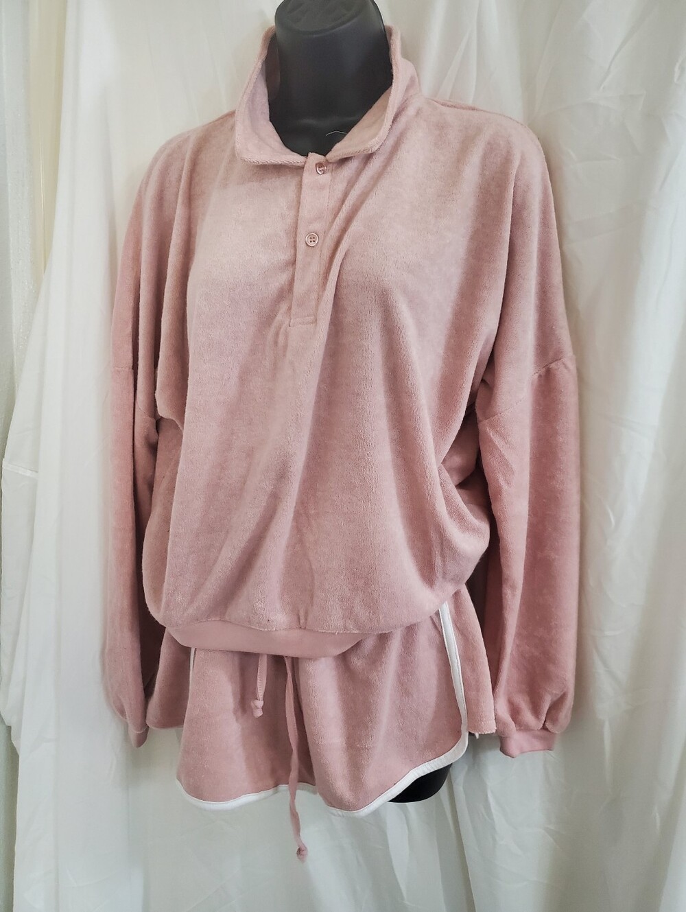 Trixxi pink rose terrycloth polo style long sleeve shirt & shorts set size L new